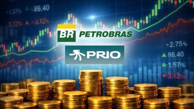 Montagem com gráfico de ações, o logo de Petrobras e Prio no centro, e pilhas de moeda na parte inferior