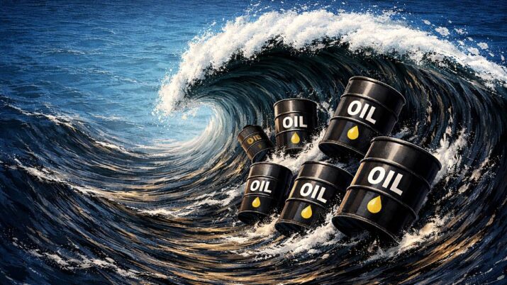 Imagem criada por IA mostra uma onda de petróleo, com barris, no mar