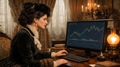 anna karenina vendo um gráfico de ações da bolsa em seu computador