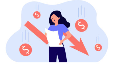 Shock of woman reading bad news about financial crisis