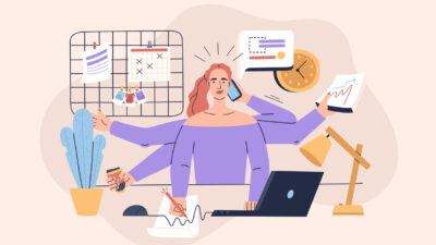 Multitasking girl performs many tasks at the same time. Concept of workplace at home for a freelancer