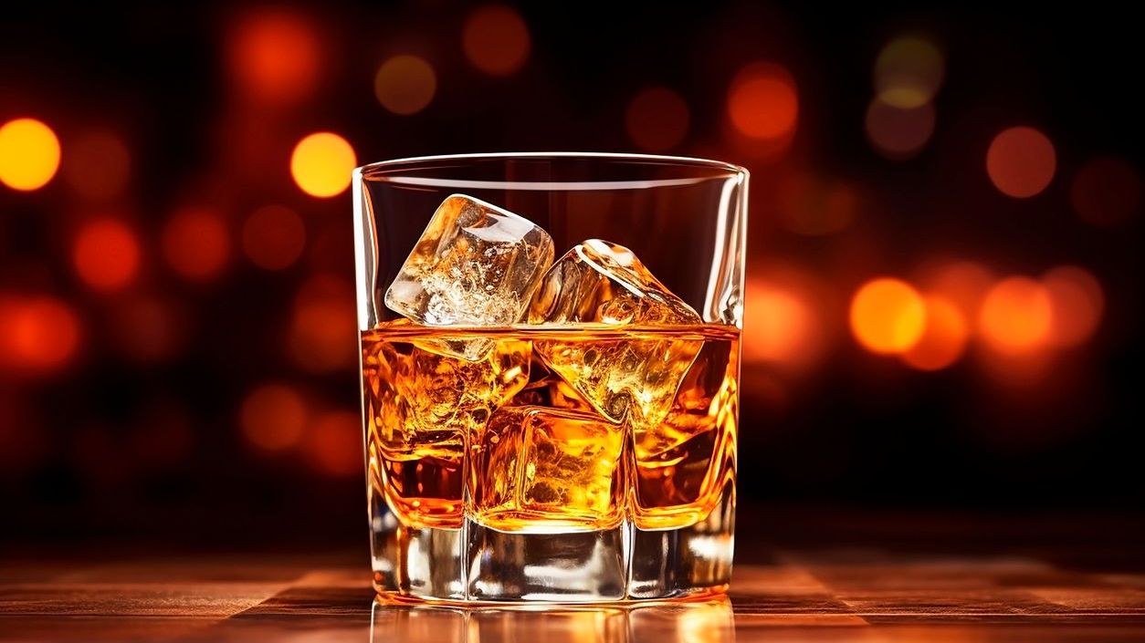 copo de whisky com cubos de gelo