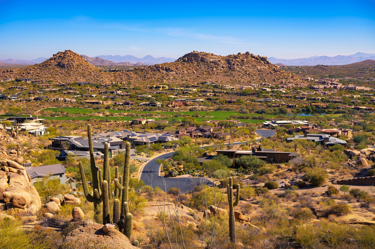Scottsdale viewed from Pinnacle Peak trail in Arizona. Pinnacle Peak Park is a 150-acre desert park near Phoenix, Arizona, known for its prominent granite summit and scenic hiking trails.