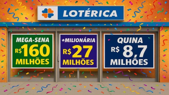 Fachada de casa lotérica com os maiores prêmios das loterias desta semana. Destaque para a Mega-Sena.