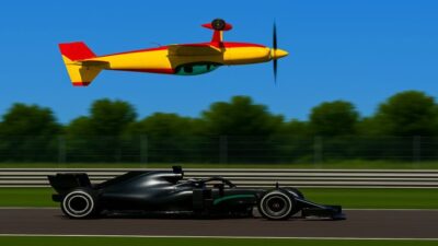 Avião voa de cabeça para baixo sobre carro de Fórmula 1.