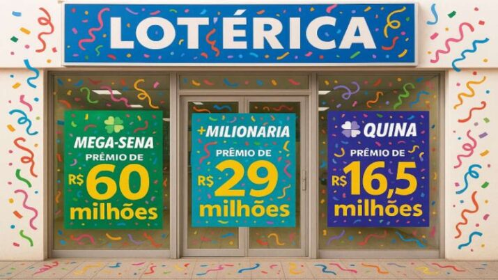 Fachada de casa lotérica exibe os prêmios acumulados na Mega-Sena, na +Milionária e na Quina.
