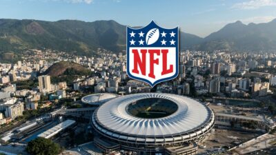 Imagem do estadio do maracanã e da logo da NFL em cima dele