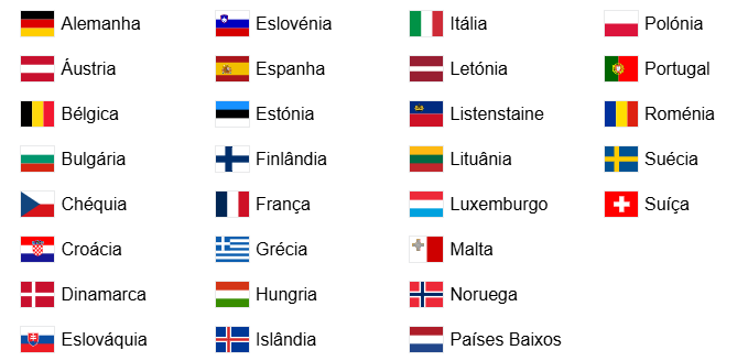 nomes e bandeiras dos 29 países que compõe o espaço schengen 