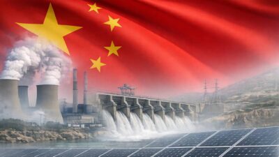 Imagem criada por IA tem a bandeira da China ao fundo. Em primeiro plano, usina hidrelétrica, placas de energia solar e uma usina soltando fumaça