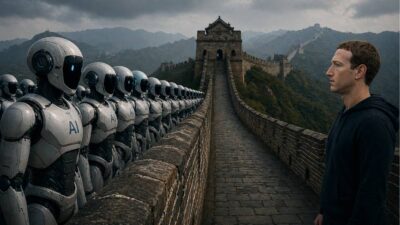 Imagem criada por inteligência artificial com a muralha da China. De um lado, agentes de IA, do outro Mark Zuckerberg.