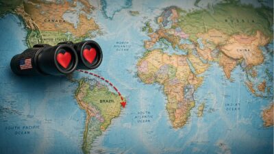 Imagem criada por IA traz um mapa mundi, um binóculo saindo dos EUA, com corações no visor, e uma seta vermelha apontando para o Brasil