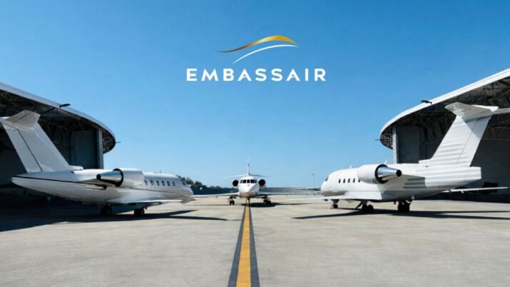 Três aviões numa pista de vôo. Dois aviões estão nas laterais e um centralizado. Céu azul ao fundo e o logo da Embassair.