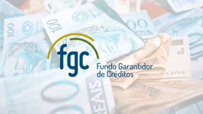 Logo do FGC com um fundo de notas de reais