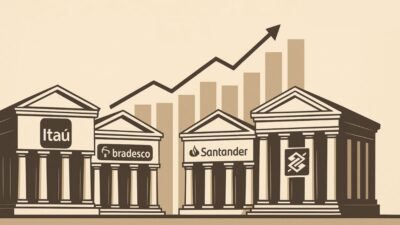Imagem criada por inteligência artificial para ilustrar a temporada de balanços de bancos Itaú (ITUB4), Bradesco (BBDC4), Santander Brasil (SANB11) e Banco do Brasil (BBAS3).