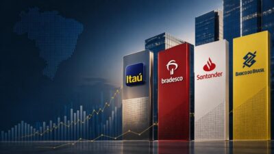 Imagem criada por inteligência artificial para ilustrar a temporada de balanços de bancos Itaú (ITUB4), Bradesco (BBDC4), Santander Brasil (SANB11) e Banco do Brasil (BBAS3).