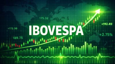 Gráfico de ações em alta com a palavra ibovespa no centro