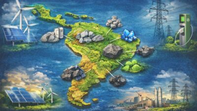 Imagem criada por IA representando a América Latina, minerais críticos e transição energética