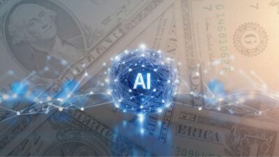 Montagem com notas de dólar e símbolo representando a inteligência artificial