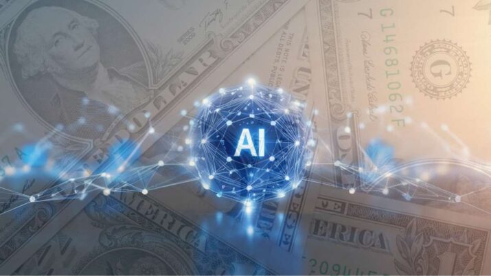 Montagem com notas de dólar e símbolo representando a inteligência artificial