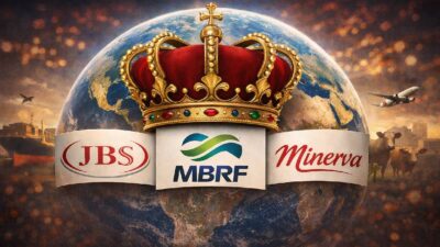 Imagem criada por IA com um globo terrestre, com os logos de JBS, MBRF e Minerva. Com uma coroa ao centro.
