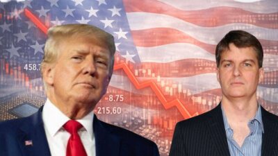 Montagem em um fundo com a bandeira dos EUA e chips de IA. Em primeiro plano, Donald Trump e o investidor Michael Burry