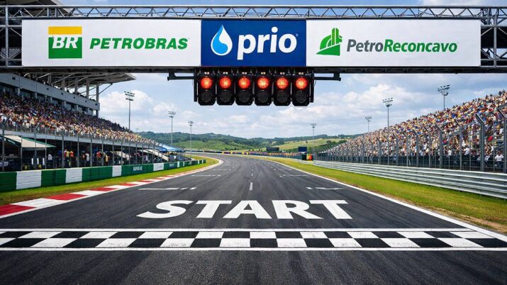 Imagem criada por IA trazer uma pista de corrida de Fórmula 1, com os logos de Petrobras, Prio e PetroReconcavo no linha de partida