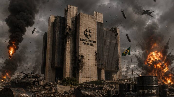 Imagem criada por inteligência artificial mostra o Banco Central do Brasil em um cenário de guerra, com bombas caindo, tanques de guerra e barris de petróleo