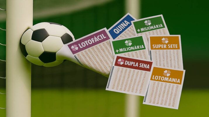 Loterias batem na trave. Imagem mostra bilhetes da Lotofácil, da Quina, da +Milionária, da Dupla Sena, da Lotomania e da Super Sete saindo de dentro de uma bola de futebol.