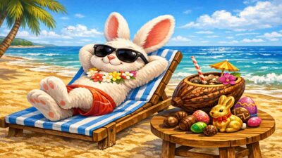 Coelho curte o prêmio da Dupla de Páscoa na praia.