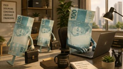 Imagem gerada por inteligência artificial mostra notas de R$ 100 em um escritório, carregando maletas e digitando em um computador