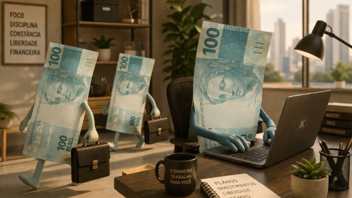 Imagem gerada por inteligência artificial mostra notas de R$ 100 em um escritório, carregando maletas e digitando em um computador