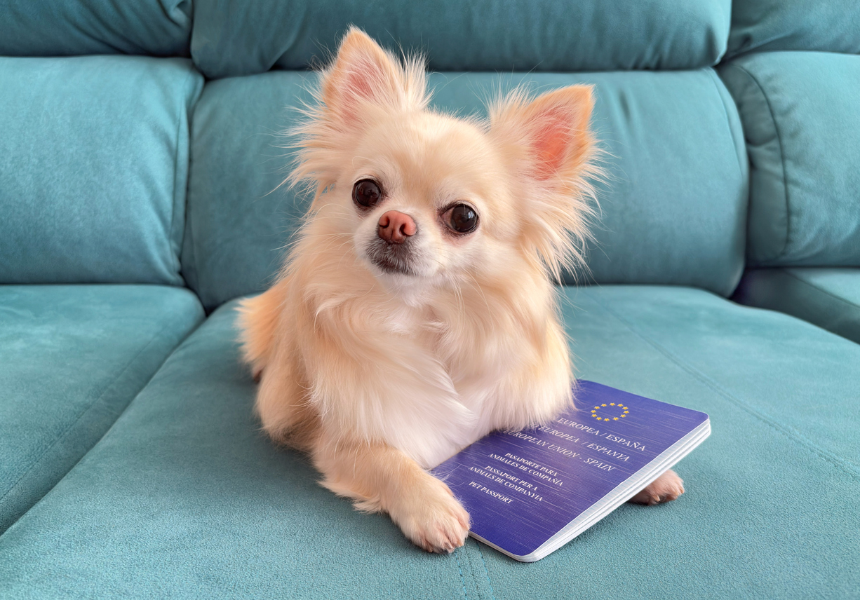 Cachorro chihuahua com passaporte europeu de animal de estimação veterinário