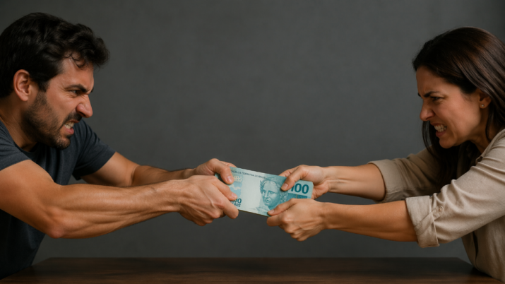 Imagem gerada por inteligência artificial. Mostra um homem, à esquerda, e uma mulher, à direita, bravos e disputando notas de 100 reais sobre uma mesa.