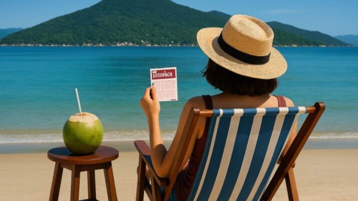 Mulher na praia com bilhete de Lotofácil na mão.