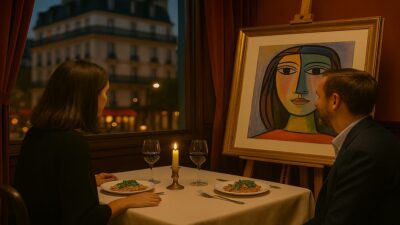 Casal janta em Paris ao lado de quadro que remete a Picasso.