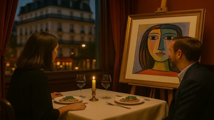 Casal janta em Paris ao lado de quadro que remete a Picasso.