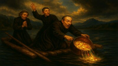 Padres jesuítas jogam tesouro com ouro e joias no fundo de um lago.