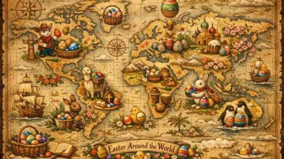 Mapa-múndi com ilustração de celebração da Páscoa ao redor do planeta.