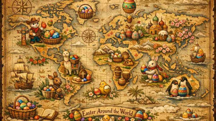 Mapa-múndi com ilustração de celebração da Páscoa ao redor do planeta.
