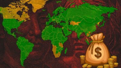 mapa global nas cores verde e amarela, com um saco de dinheiro, para representar o fluxo global de investimentos