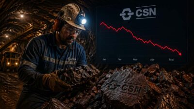imagem produzida por inteligência artificial que mostra um minerador com uniforme da CSN manuseando minérios de ferro