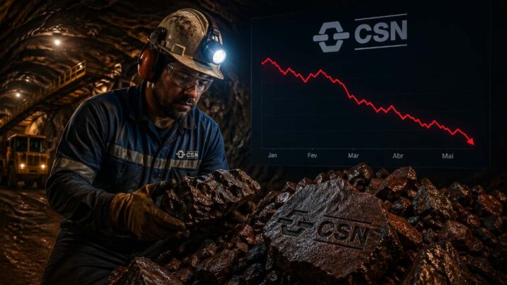 imagem produzida por inteligência artificial que mostra um minerador com uniforme da CSN manuseando minérios de ferro