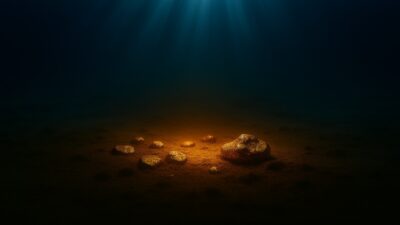 Pepitas de ouro no fundo do mar.