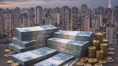 Imagem feita com inteligência artificial. Notas de dinheiro e moedas e, ao fundo, prédios em São Paulo