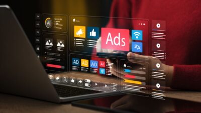 Ilustração que representa publicidade digital, marketing e anúncios