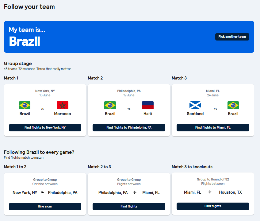 Football Flight Finder ajuda torcedores a buscarem a melhor rota para acompanhar os jogos da Copa do Mundo de 2026 - Imagem: Captura de Tela/Skyscanner/Reprodução