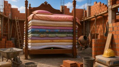 Uma cama com diversas camadas de colchões em cima de uma ervilha, como no conto da Princesa e a Ervilha. A cama está cercada de materiais de construção como tijolos e cimento