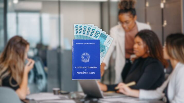 Montagem com uma carteira de trabalho e, ao fundo, profissionais mulheres