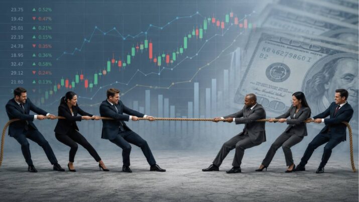 Imagem criada por IA traz um gráfico de ações do fundo, com uma imagem do dólar. No centro, um cabo de guerra puxado por 2 homens e uma mulher de cada lado