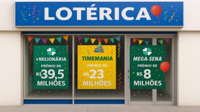 Fachada de casa lotérica exibe os maiores prêmios das loterias na semana.